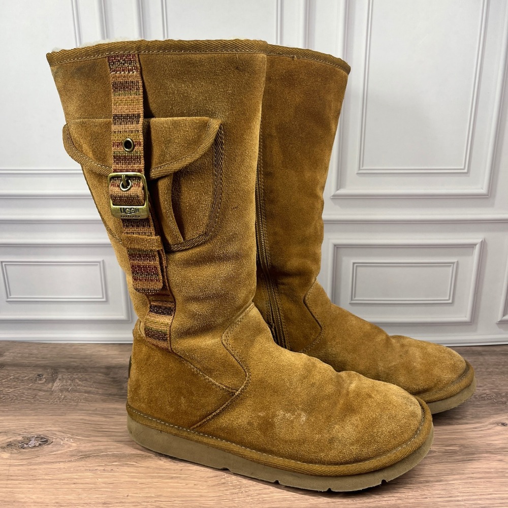 UGG Cargo Pocket Tall Boots Womens Chestnut Tan Suede Shearling 5479 Buckle 8